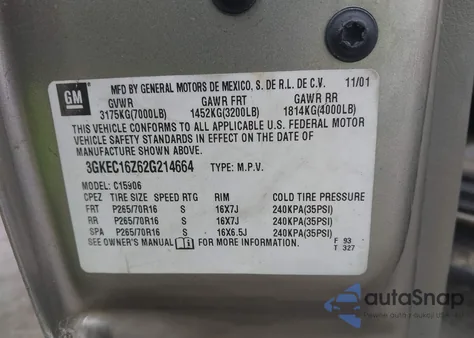 2002 GMC Yukon Xl 1500 Slt from USA, damaged, VIN 3GKEC16Z62G214664